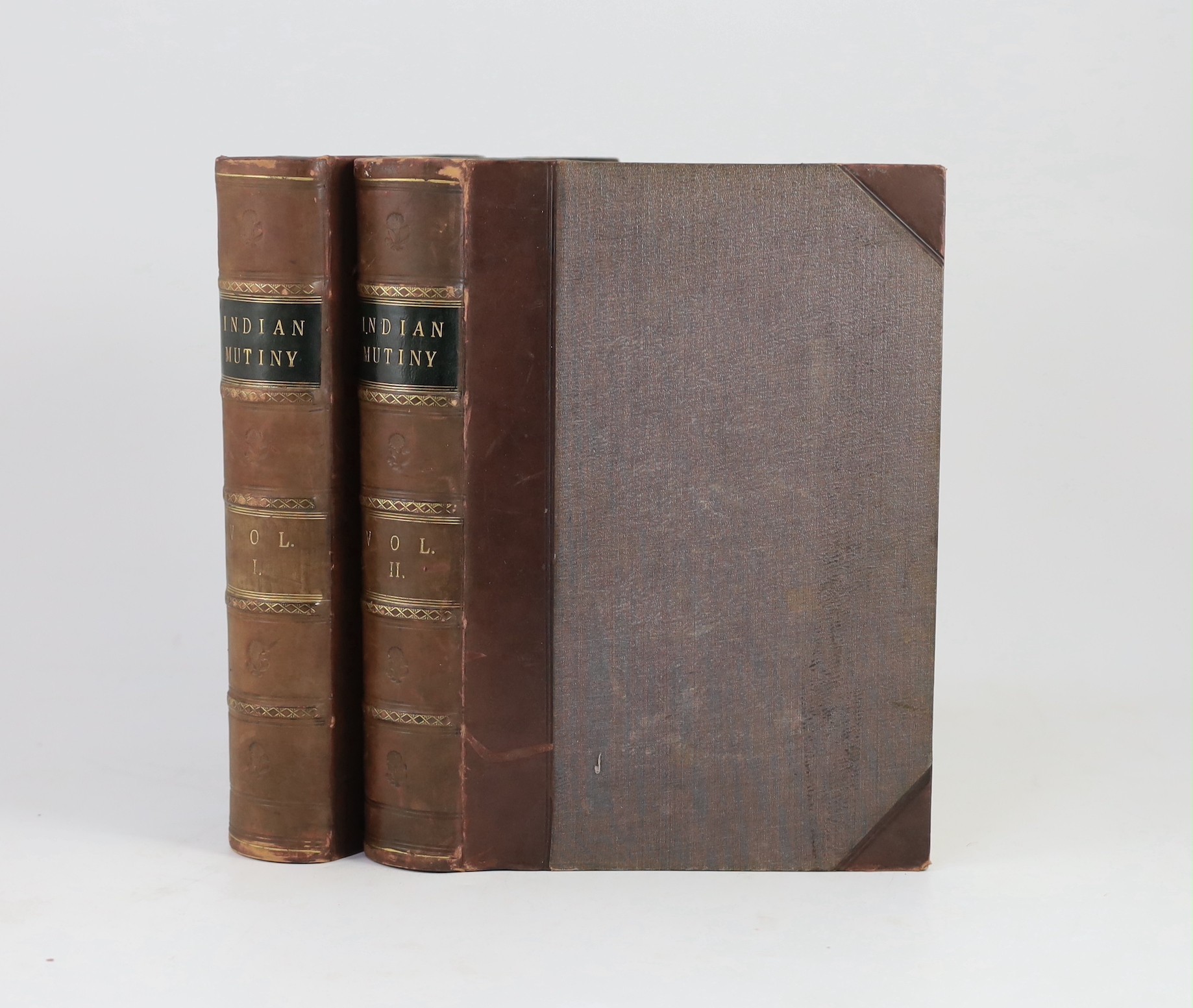 Ball, Charles - The History of the Indian Mutiny....2 vols. pictorial engraved and printed titles, 2 d-page maps (outline colour), d-page distance table, 6 portraits and 75 steel engraved plates; contemp. half calf and c
